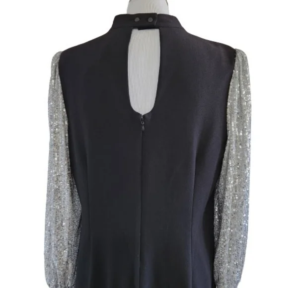 🆕️⬇️Nicole Miller Black Stretch Crepe Camille Dress With Sequin Puff Sleeves - Picture 4 of 15